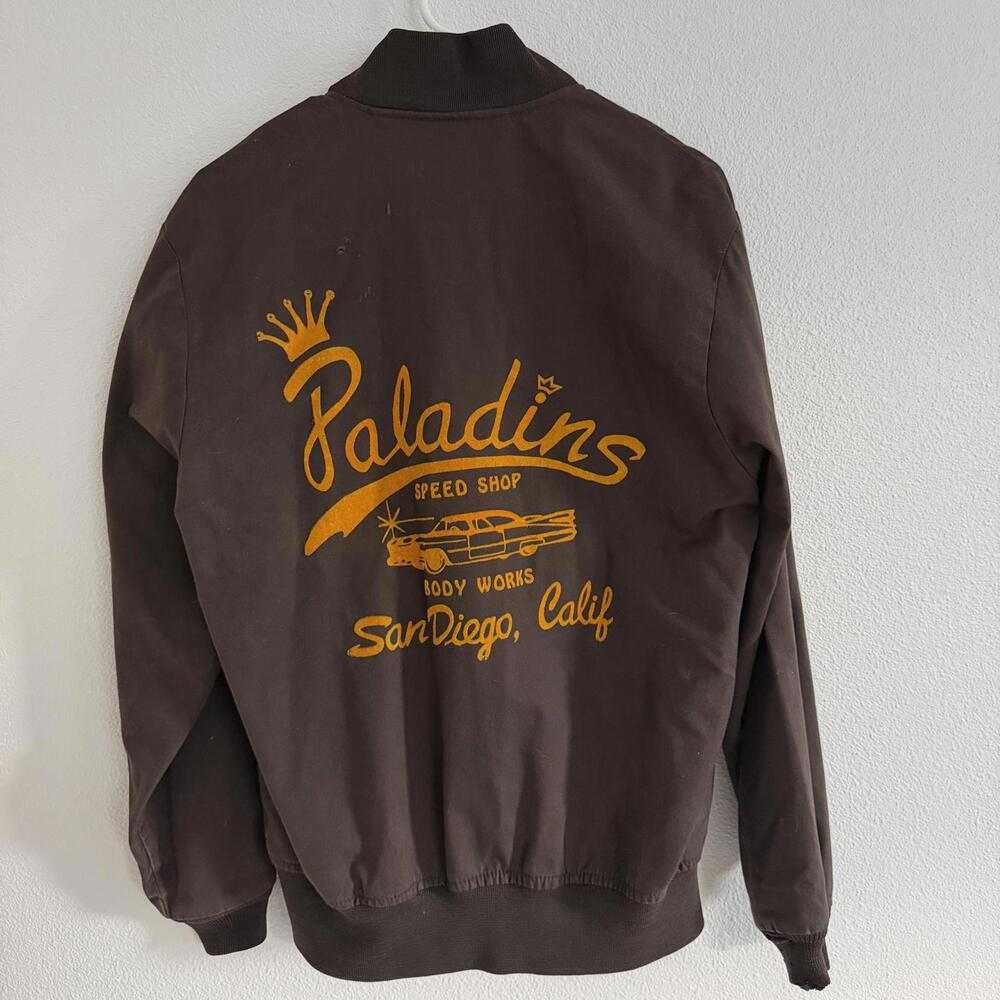Vintage 80's Paladins Rockabilly Flocked Mechanics Jacket San Diego Sz S Hot Rod